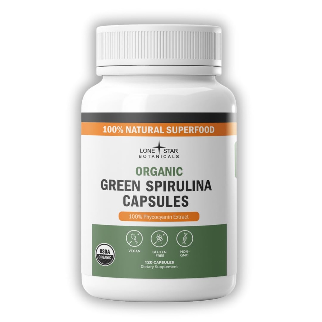 Botanika Osamljene zvezde Organic Spirulina Kapsule – 100% čiste modro zelene alge, brez vonja po ribah, Superfood dodatek, Vegan, Non-GMO, Gluten-free (120 Count, Green Spirulina)