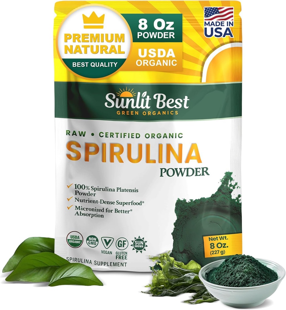 Sunlit Best Spirulina Powder Organic USDA - klorofil, hitra absorpcija, modro-zelena Spirulina Algae, Raw Vegan Protein - Ne-GMO, Gluten Free Superfood Energy, Gut, Imunska podpora dodatek - 8 Oz