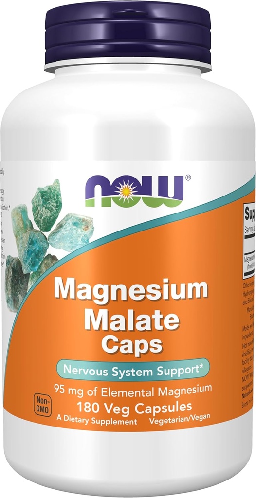 NOW Foods Supplements, Magnezijev Malate Caps z 95 mg elementarnega magnezija, Podpora živčnega sistema*, 180 Veg kapsule