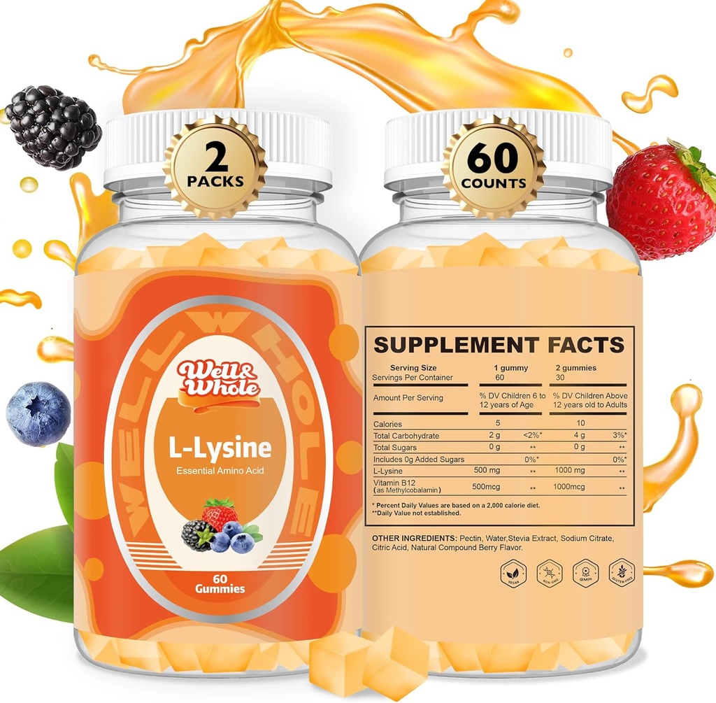 L-Lysine Gumies 1000mg - L-L-Lysine dopolnila za otroke in odrasle - Lip and Cold Sore* Podpora za ženske - Žvečljive lizine Gumiji z vitaminom B12 - Vegan, Non GMOS, Gluten-free, 120 Counts