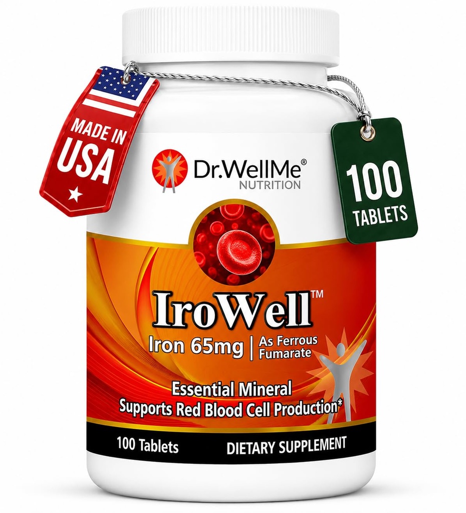 Irowell železove tablete 65mg – 100 tablet za 100-dnevno oskrbo Ferrous Fumarate za energijo, mišično moč in imuniteto – železov dodatek za moške in ženske