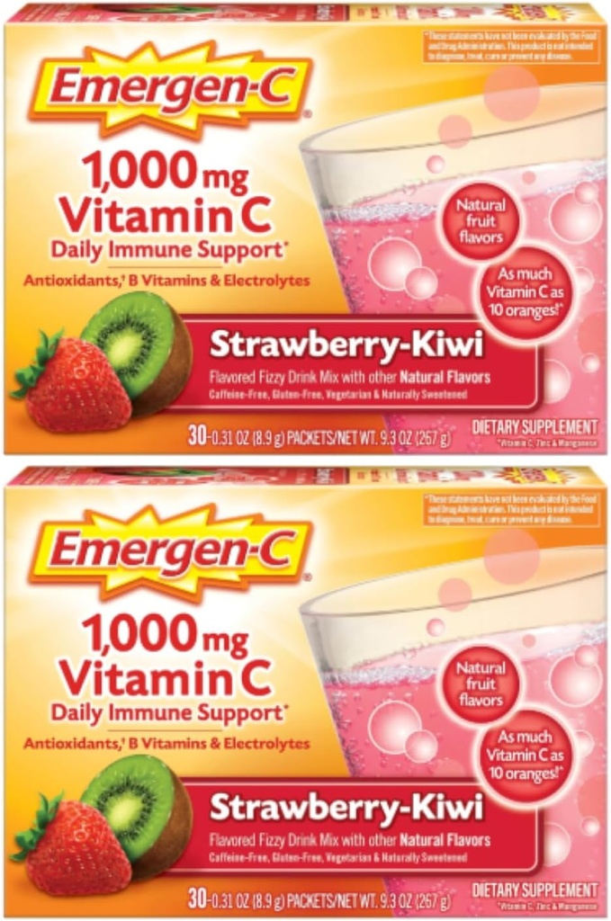 Emergen-C 1000mg Vitamin C v prahu, Jagodna kivi aroma, antioksidanti, B Vitamini in elektroliti, Vitamin C dopolnila za imuno podporo, 30 Število (Pack po 2)