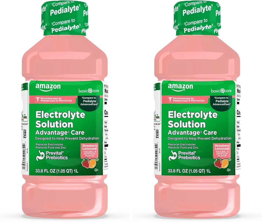 Osnovno nego Prednost nego Elektrolit rešitev s preventalnimi prebiotiki, Jagodna limonada, Hidracijska pijača, Relevantna elektroliti, tekočina in cink, 33.8 Fl Oz (Pack z 2)