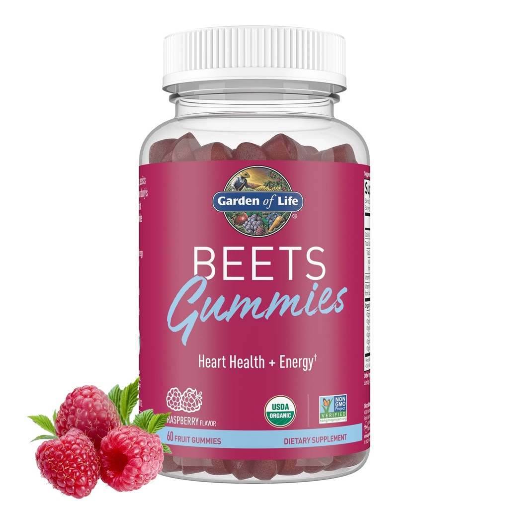 Vrt življenja Organic Beet Korenove Gumies Iz pektina z antioksidanti, Vitamin C, Vitamin D & B12 za zdravje srca in energijo – Bees Gumies – Vegan, Gluten brezplačno, Ne GSO, Raspberry, 30 Servings
