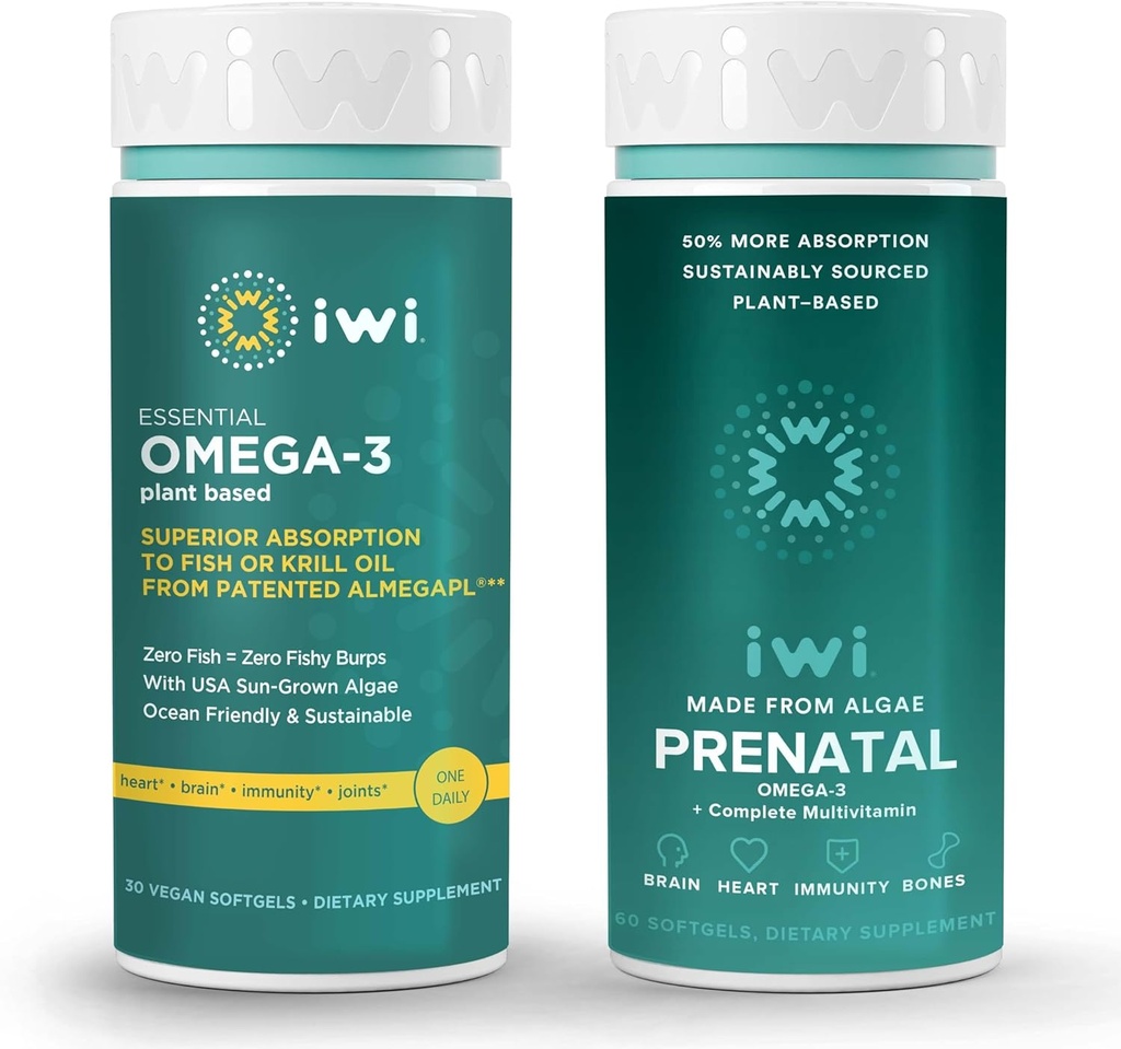 Iwi Omega-3 Essential & Prenatal multivitaminski paket, 30 Serving, Veganska rastlinska osnova Algae Omega 3, Krill & Fish Oil Alternative, Brez ribjega pookusa