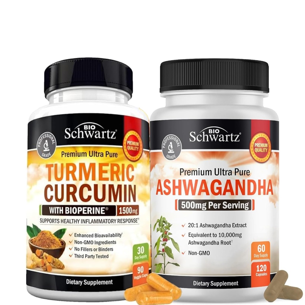 Ekstra moč Ashwagandha kapsule (2 mesec dobave) Plus kurkumin s črno papriko ekstrakt 1500mg kompleks (Trial size)