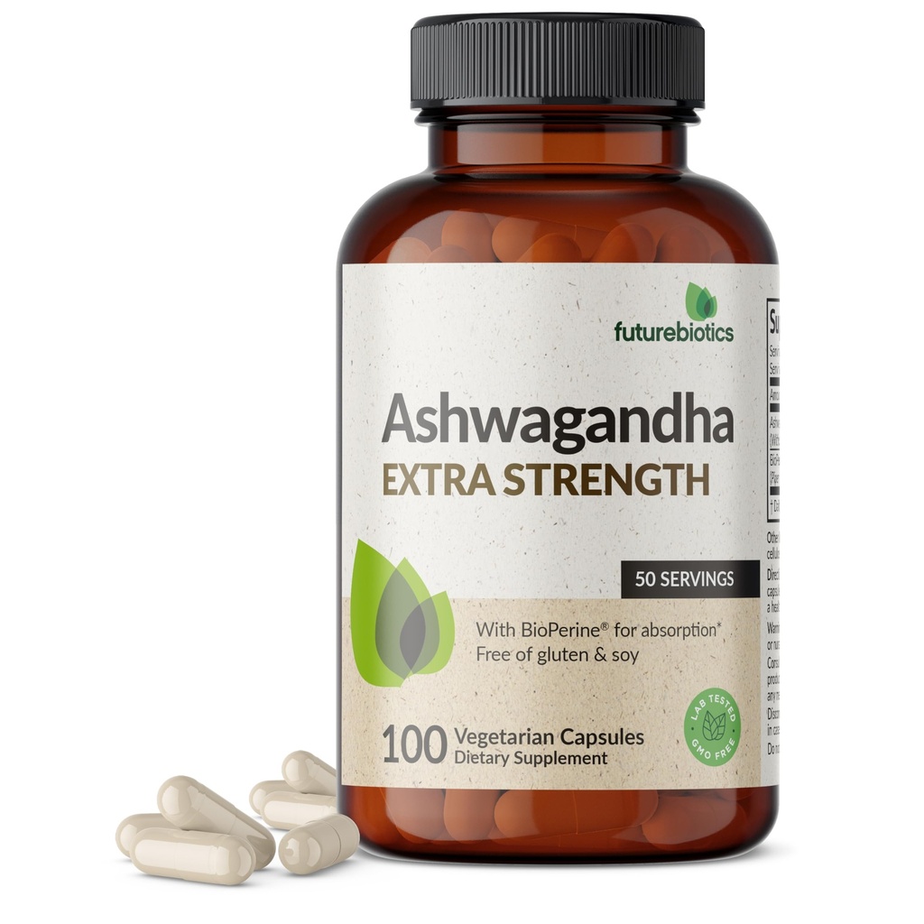 Futurebiotics Ashwagandha Extra Stress & Mood Podpora z BioPerine - Non GSO Formula, 100 Vegetarijanske kapsule