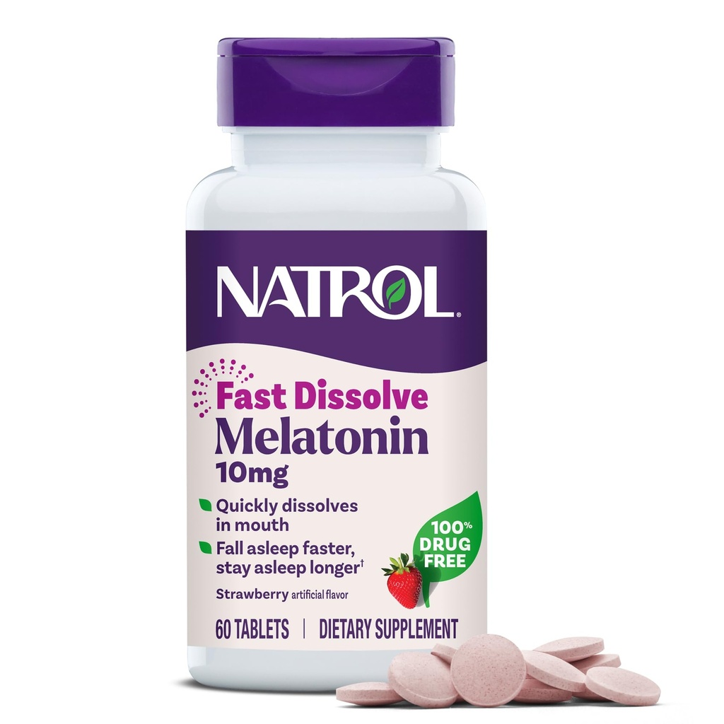 Natrol Melatonin 10mg Hitre raztapljajoče tablete - okus jagode, 60 Štetje, podpora za spanje, hitro raztapljanje melatonin za odrasle, 60-dnevna oskrba