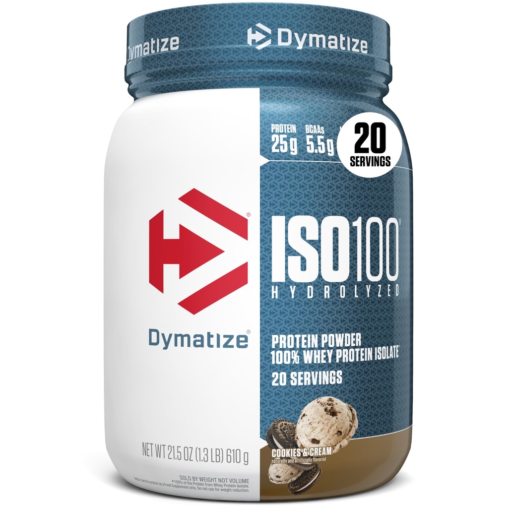 Dymatize ISO100 Whey Protein Powder Isolate, Piškotki in krema, 25g beljakovin, 5,5g BCAA, manj kot 120 kal., Gluten brez, 1g maščobe, 1g sladkorja, 2g ogljikovih hidratov (20 servingov)