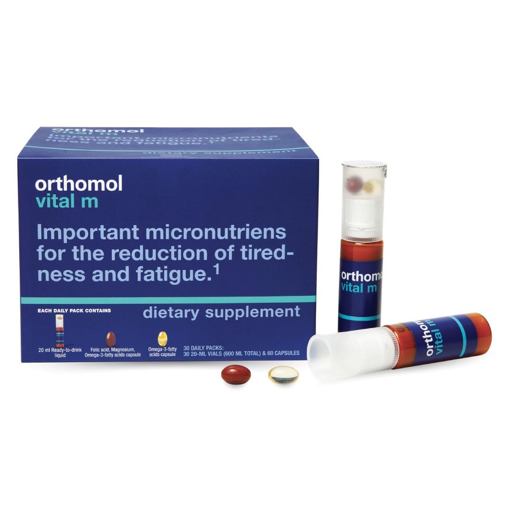 Ortomol Vital M Viala – 30-dnevni moški vitamin dodatek z A, B, C, D, E, K, Jodine & Omega-3 – Podpira moško energijo in vitalnost