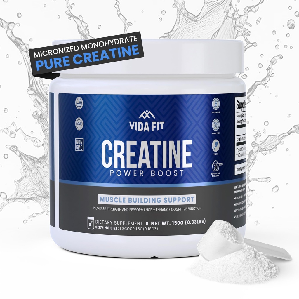 Mikroniziran kreatin monohidrat v prahu, vegan kreatin v prahu nearomatiziran, dodatki za moške, čiste vadbe bistvenega pomena za ženske, NSF Certified (150g) (5g na serv) (30 strežnikov) - Vida Fit