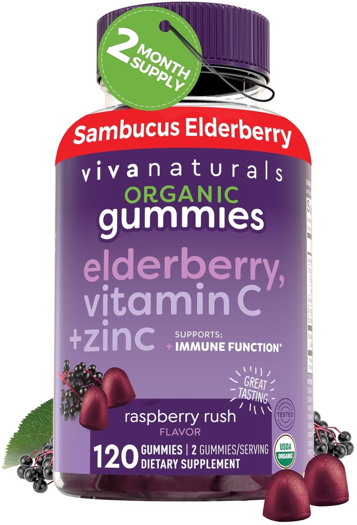 Viva Natural Organic Sambucus Elderberry Gumies za odrasle (120 Count) - 3in1 Črna Elderberry Vitamin C in cink imunske podpore Gumies, Žvečilni Elderberry dopolnila, Cink Immunity Gumies