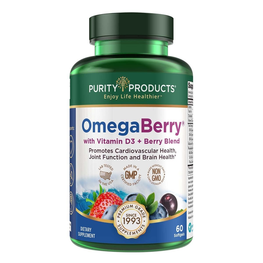 Izdelki čistosti OmegaBerry ribje olje z vitaminom D3 in organskim Acai - 1250mg koncentrirano molekulsko destilirano Ultra Pure Omega-3 ribje olje, 500mg DHA + 650mg EPA - 60 Soft Gels - 30 Day Na voljo od