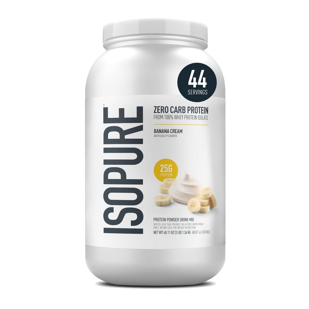 Izopura Zero Carb 100% čisti sirotkini izolati beljakovin v prahu, laktoza brez glutena, z vitamini, bananina krema, 25g proteini na serviranje, 3 Lbs, 44 Servisi (Packaging May Vary)
