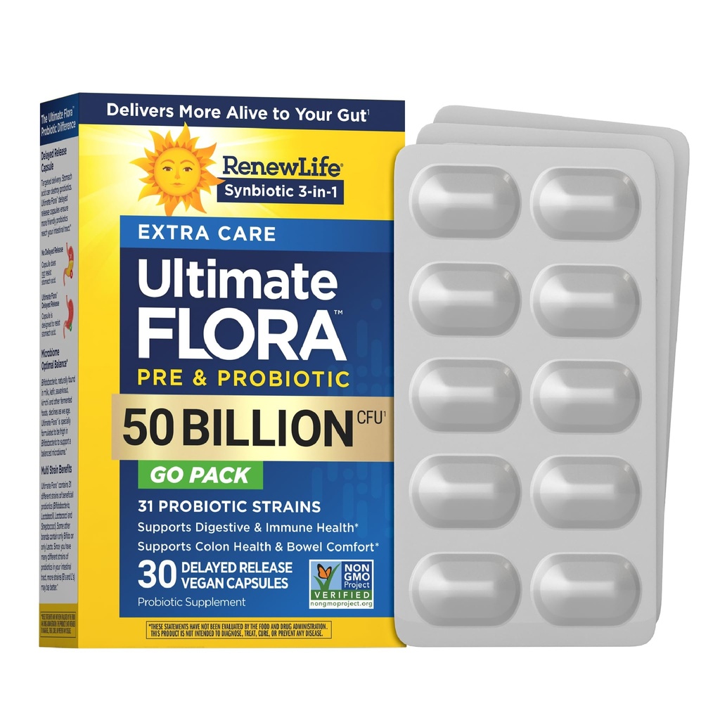 Obnovitev Life Extra Care Go-Pack probiotične kapsule, Dnevna dopolnila Podpira Imunsko, Prebavno in dihalno zdravje, L. Rhamnosus GG, Mlekarna, Soja in gluten brez, 50 milijard CFU, 30 Ct