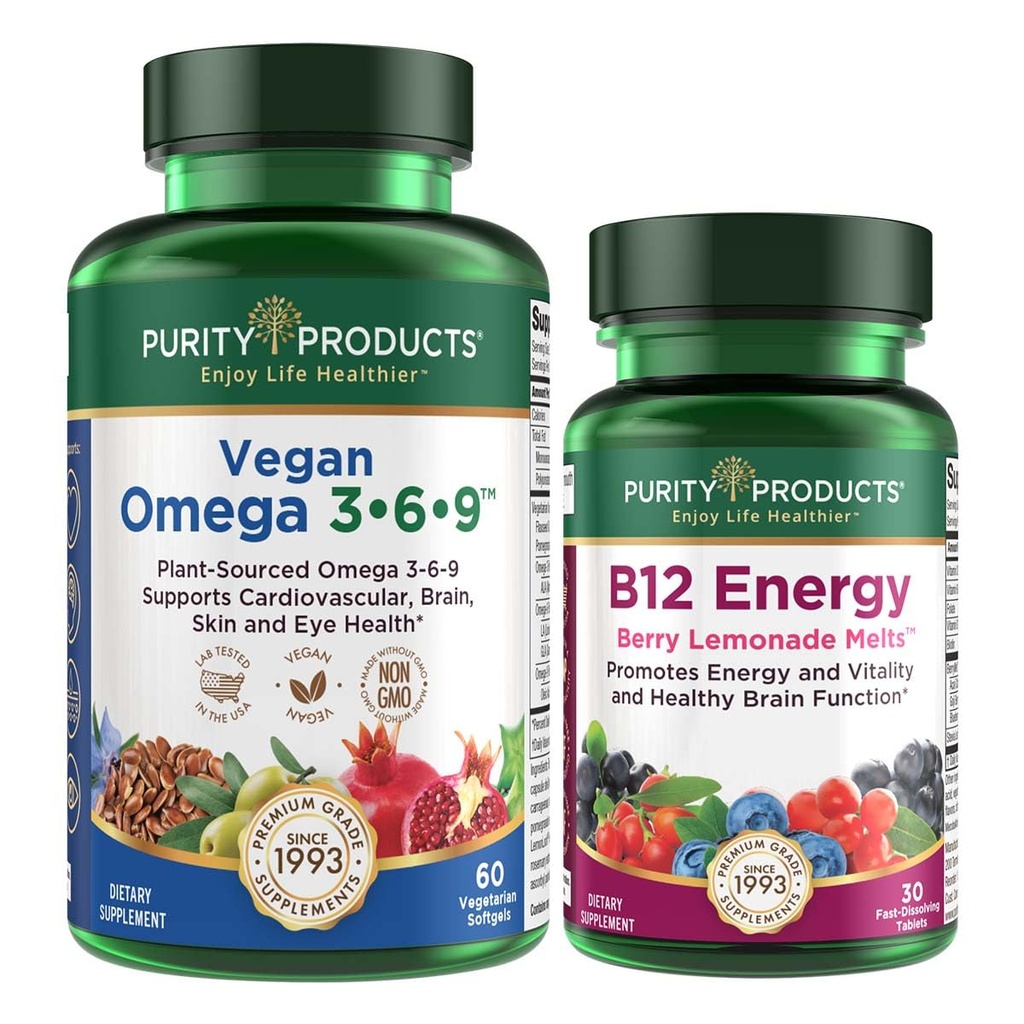 Izdelki čistoče Bundle - Vegan Omega 3-6-9 + B-12 Energy Melt Omega 3-6-9 (»5 v 1« Rastlinsko osnovana Omega 3 6 9 Essential Maščobne kisline kompleks) - B12 Berry Melt (metilkobalamin B12 + B6 + D3 + več)