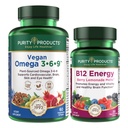 Izdelki čistoče Bundle - Vegan Omega 3-6-9 + B-12 Energy Melt Omega 3-6-9 (»5 v 1« Rastlinsko osnovana Omega 3 6 9 Essential Maščobne kisline kompleks) - B12 Berry Melt (metilkobalamin B12 + B6 + D3 + več)
