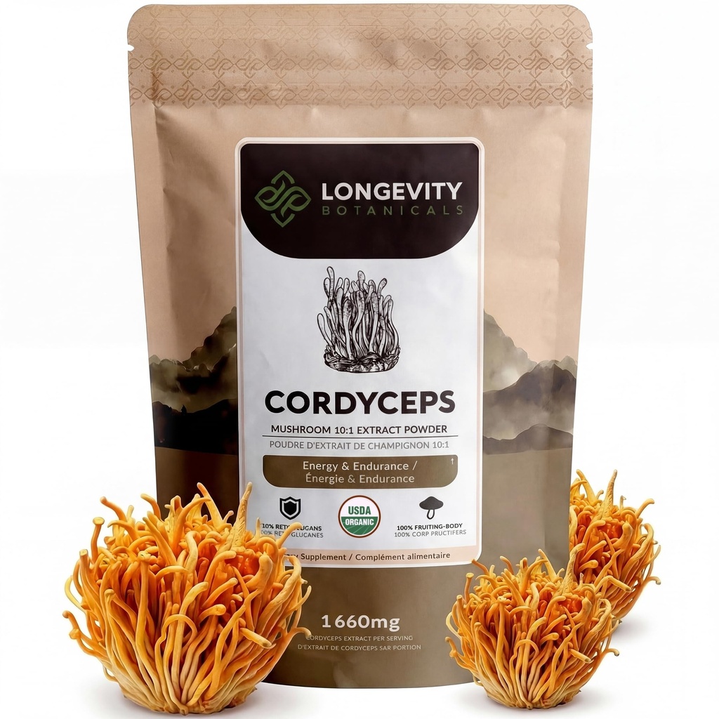 Longevity Botanicals Organic Cordyceps Mushroom Powder Supplement Extract 100g | Cordyceps Militaris Fruiting Body | ≥30% Beta-D-Glucans | 60 Servings of 1,660mg | Supports Daily Energy & Wellness