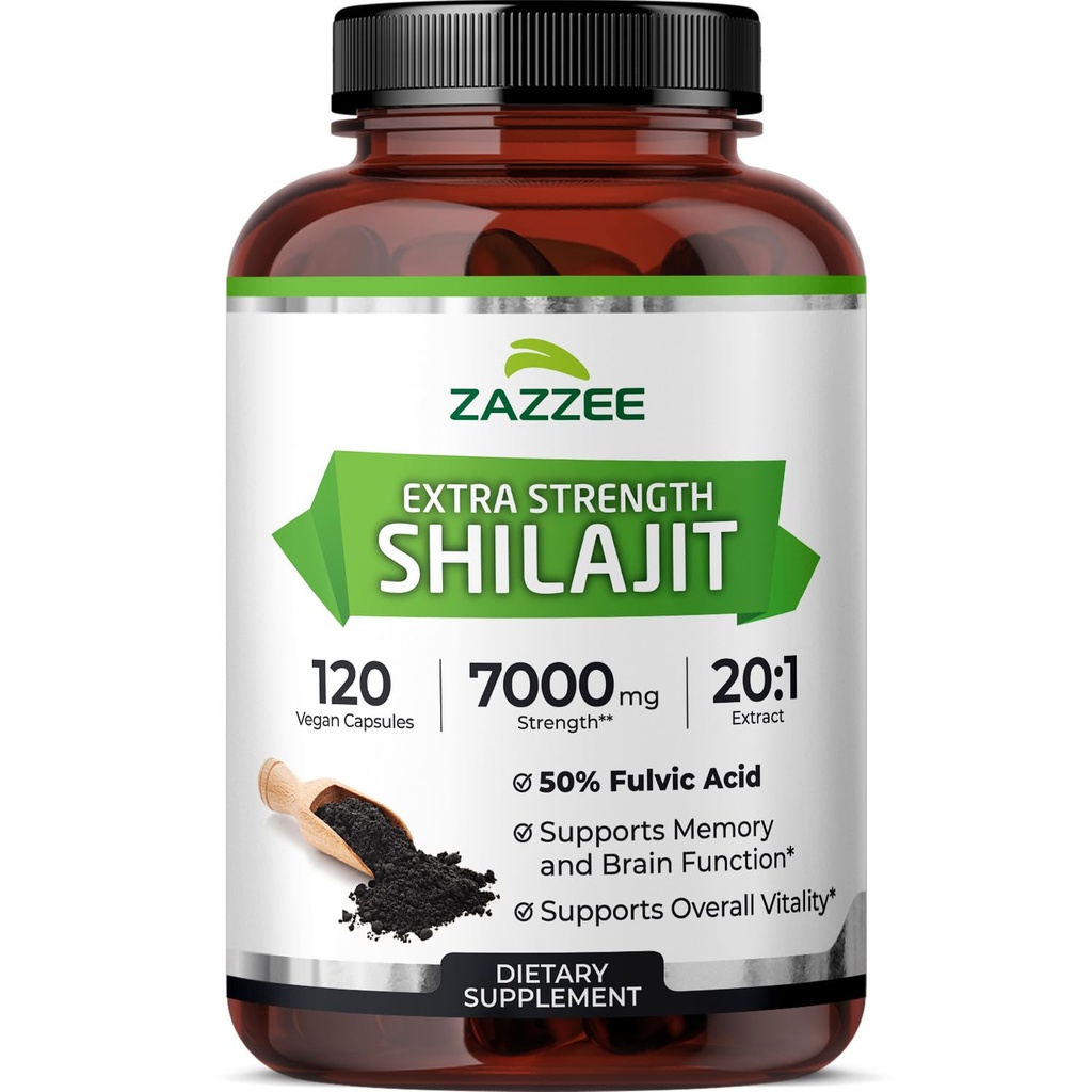 Zazzee 100% Pure Himalaan Shilajit 20:1 Ekstrakt, 7000 mg Jakost na kapsulo, 50% Fulvična kislina, 120 Serving na steklenico, 20X Potenca, Bogata z minerali v sledovih, Non-GMO, Vegan, Izdelano v ZDA
