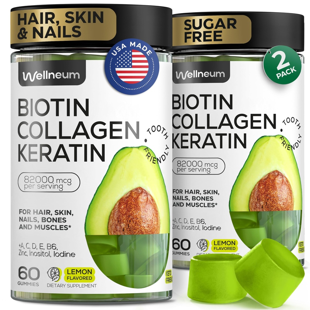 Biotin in kolagen peptidi za rast las, kožo in nohte 120 Pcs (2 paket) - 82000 Mcg - Biotin Žvečilni izdelki s keratin Max moč - Lepotne Gumiji za ženske in moške - sladkor brez, ne-GMO