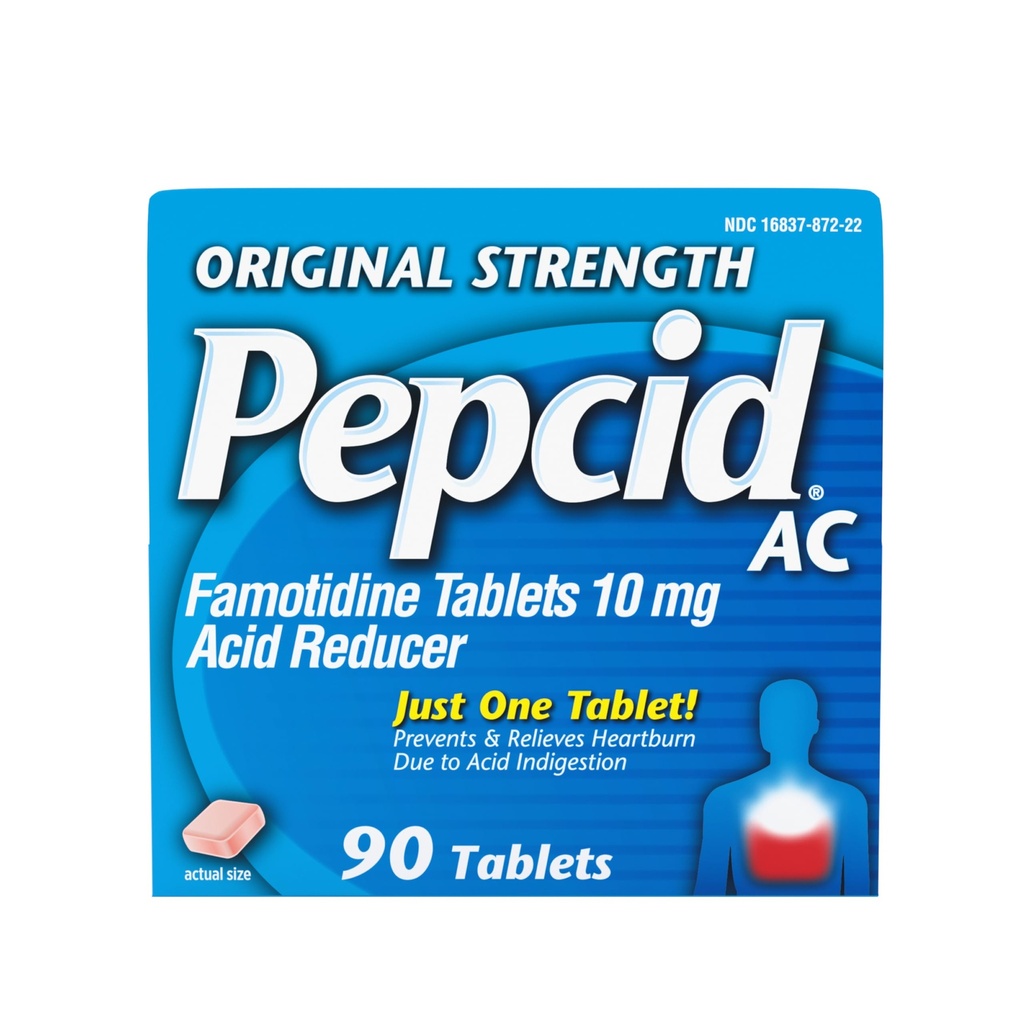 Pepcid AC Original Moč Zgaga Relief tablete, OTC Medicine Preprečuje in sprošča zgago Zaradi kisle prebavne motnje in Sour Stomach, 10 mg Famotidin Acid Reducer, hitro delovanje, 90 ct