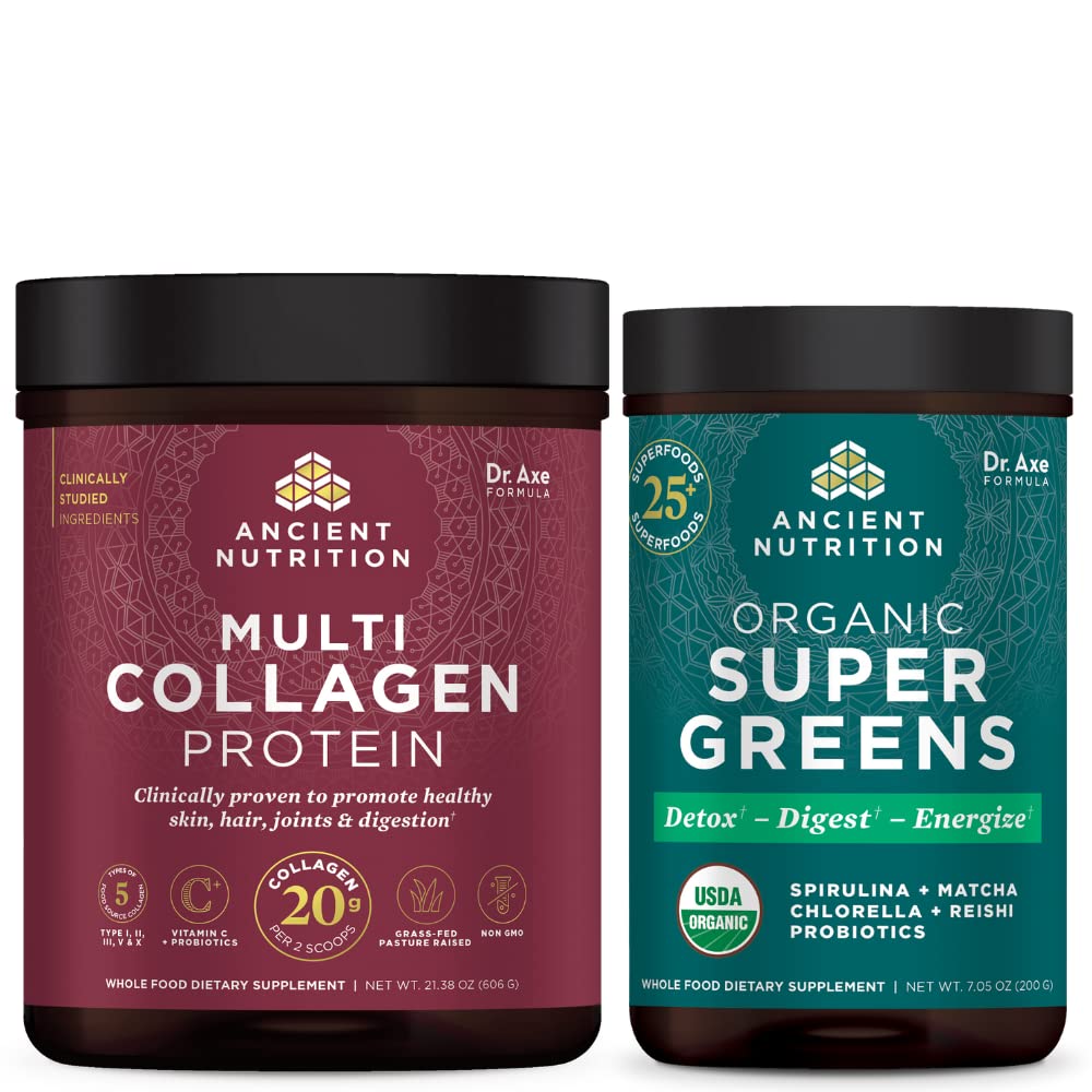 Ancient Nutrition Multi Colagen Protein Powder, nearomated, 60 Servings + Supergreen Powder, Greens Flavor, 25 Servings