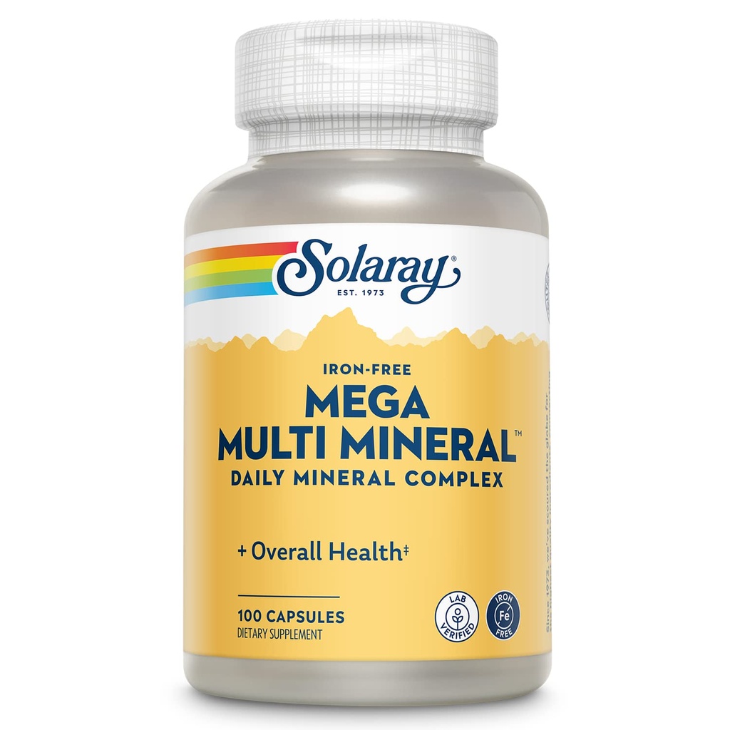 SOLARAY Mega Multi Mineral, Iron Free - Daily Mineral Supplement w/Trace Minerals, Elektroliti, Kalcij, Magnezij, Cink, Selen, Boron - Celularna energija, Imunska podpora, 60-dnevni garancije, 25 Serv