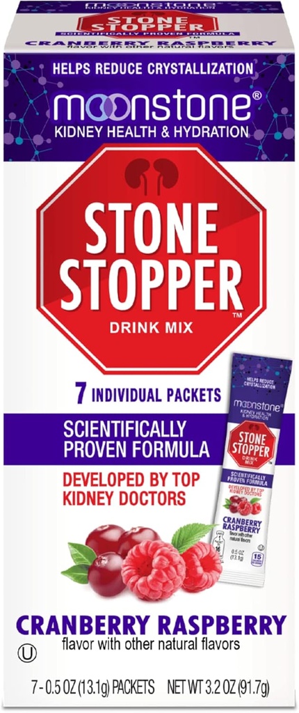 Moonstone Ledvični kamen Stopper Drink Mix Cranberry malina, Outerforms Chanca Piedra & Ledvična podpora dopolnila, ki so jih Urologi razvili za preprečevanje ledvičnih kamnov in izboljšanje hidracije, 7 dan dobave