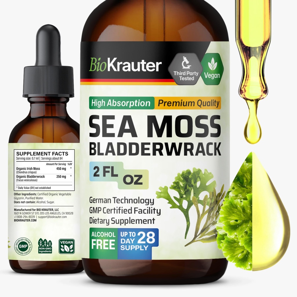 BIO KRAUTER Irish Sea Moss Drops - Chondrus Crispus Sea Moss dodatek z Bladderwrack - Alkohol & Sugar Free Jodine dodatek - 2 Fl.Oz.