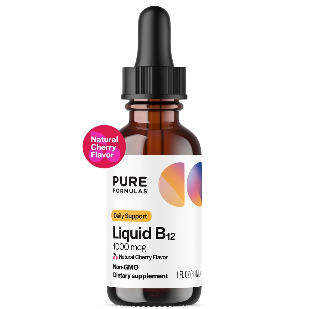 PureFormulas Liquid B12 1000 mcg - Natural Cherry Flavor B12 Sublingual Drops, Potent Daily Support for Energy & Wellness - Non-GMO, Allergen-Free - 1 fl. Oz.