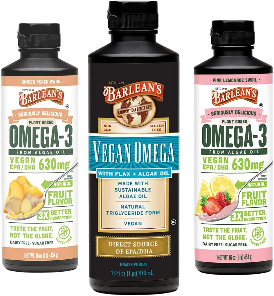 Barlean's Vegan Omega 3 Algae Oil Liquid Supplement Bundle, Vključuje Laneno seme in Algae olje mešanica, Ginger Peach, in roza limonade arome, EPA in DHA maščobne kisline