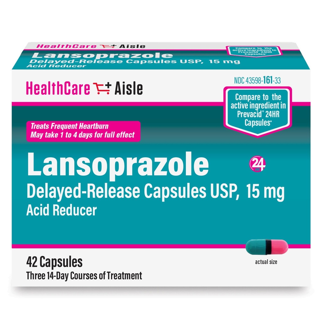 ZdravjeCareAisle Lansoprazol 15 mg - 42 Kapsule z zapoznelim sproščanjem - reducent kisline, zdravljenje pogoste zgage