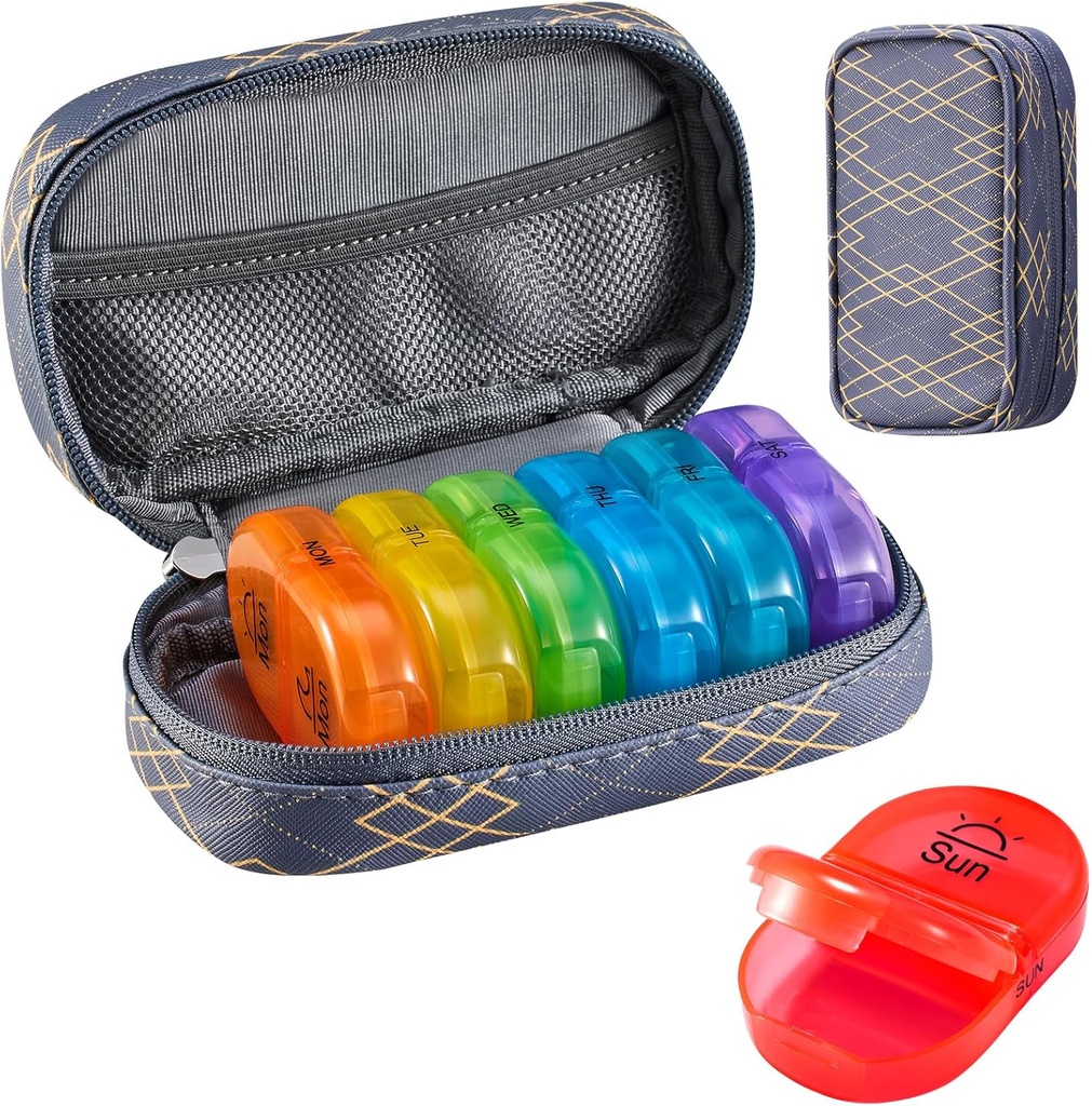 Serfeymi Tedenska potovalna tabletka Organizator 2 krat na dan AM PM Nadgrajena Rainbow tablete Box 7 dan s prenosljivim Zipper PU usnje tablete Case, Medicine Organizator za tablete, Vitamini, Ribja olja - Črte 01