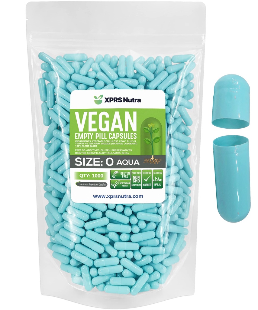 XPRS Nutra Size 0 Prazne kapsule - 1000 Štetje Prazne Veganske kapsule - Vegetarijanske tablete - DIY Zelenjavna kapsula Polnjenje- Veggie Tablete Gel Caps za Do-it-Yourself Supplements (Aqua)
