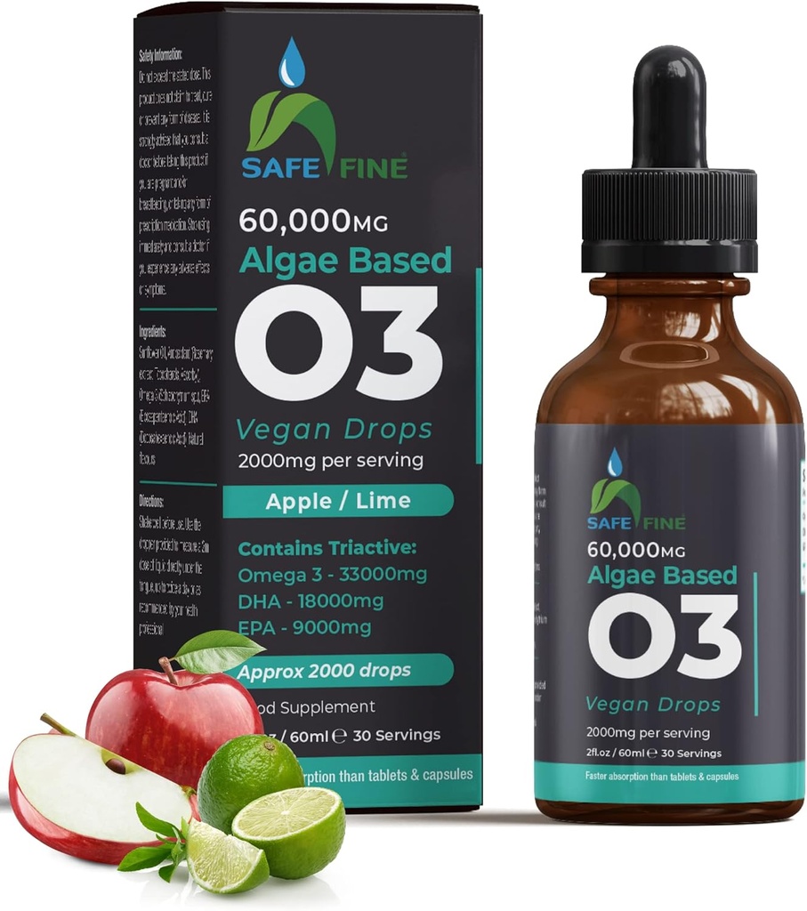 Omega 3 tekoče veganske kapljice - DHA & EPA iz olja alge - 60 ml steklenička kapalko - 2000 mg na strežbo - Podpira splošno telo Wellness dodatek za celotno družino