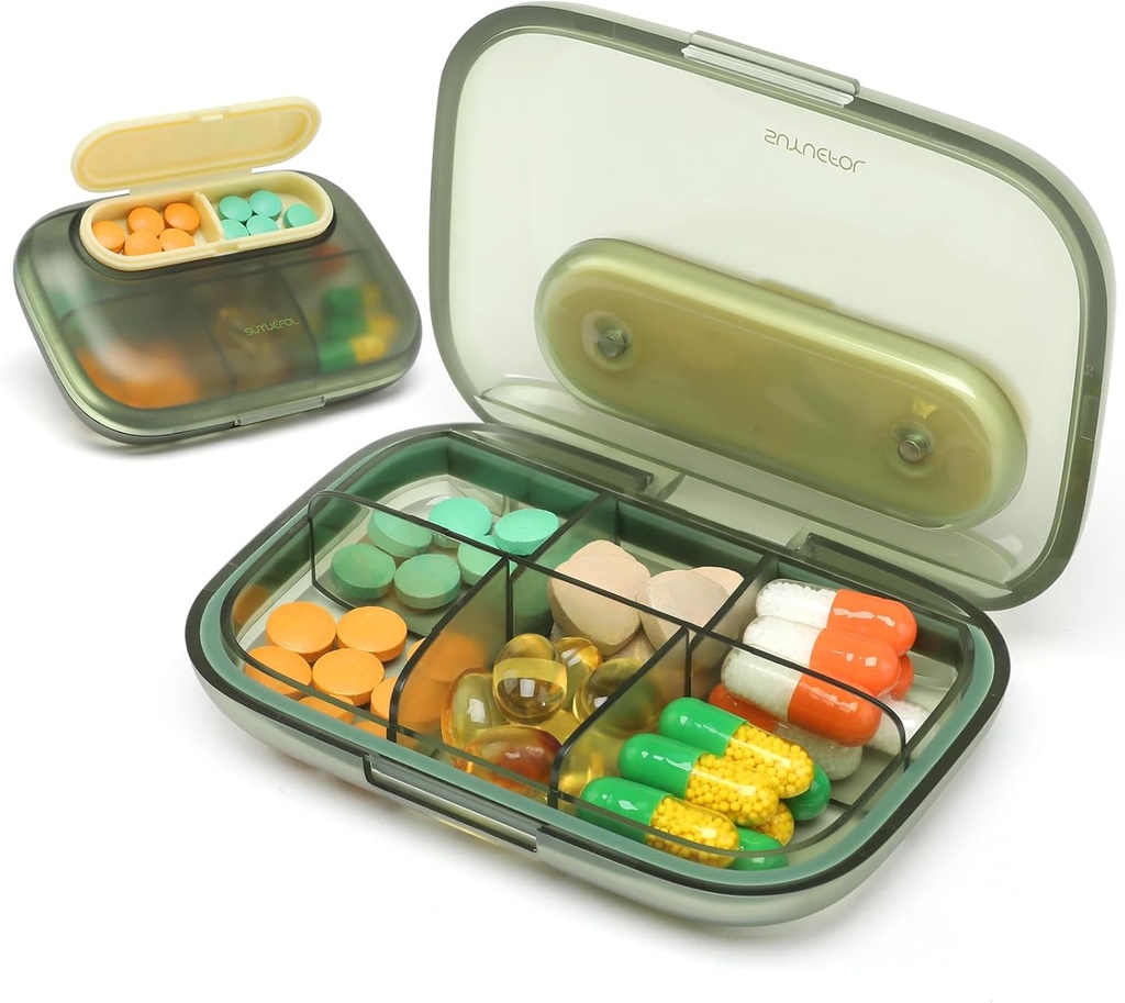 Toplive 6 Kompartmenti majhne tablete primeru potovalne tablete Organizator Pocket Medication Travel Case Prenosne majhne tablete kontejner z Magnet Light-Proof Mini tablete Box, Zelena