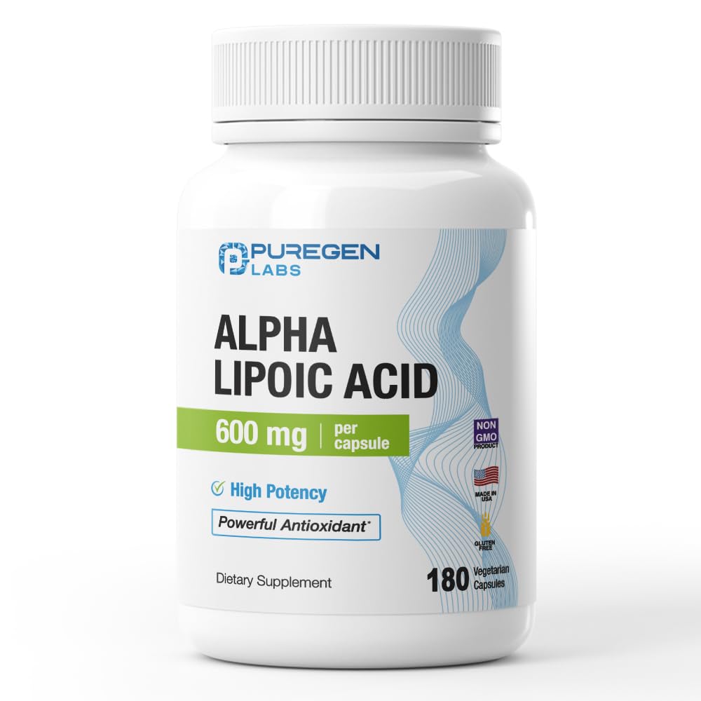 Puregen Labs Alpha Lipoična kislina 600mg [High Potency] Skupaj 360 Veggie Caps, Antioksidant Podpora 