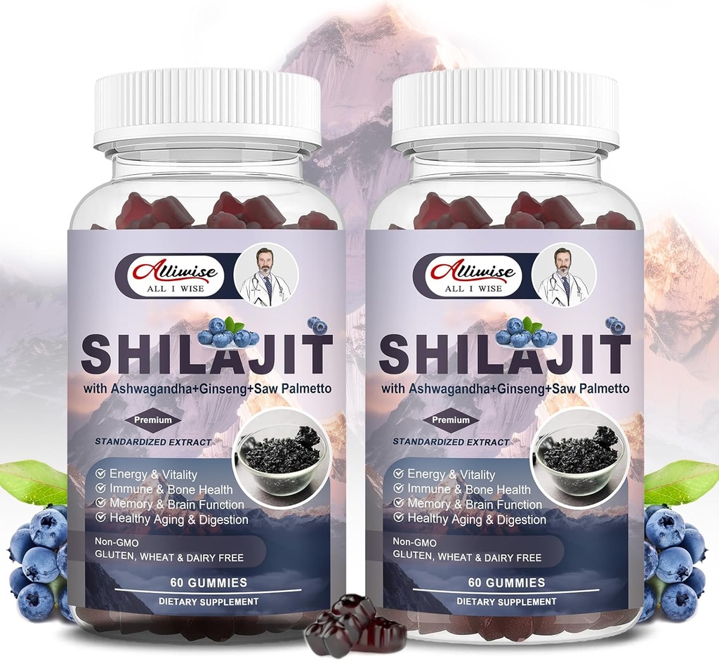 Shilajit Gumies za moške in ženske, Shilajit Pure Himalaan Original Multi-Dobavitelj, Shilajit Ashwagandha & High in Trace Minerals & Fulvic Acid for Energy, Jakost & Immuniteta, 60 Serving