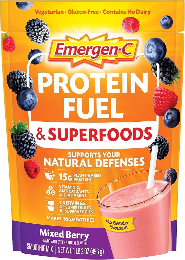 Emergen-C Protein Powder Fuel & Superfoods (16 Serving, mešane jagodne arome) Rastlinska in vegetarijanska mešanica z organskimi superživili, vitaminom C in drugimi antioksidanti