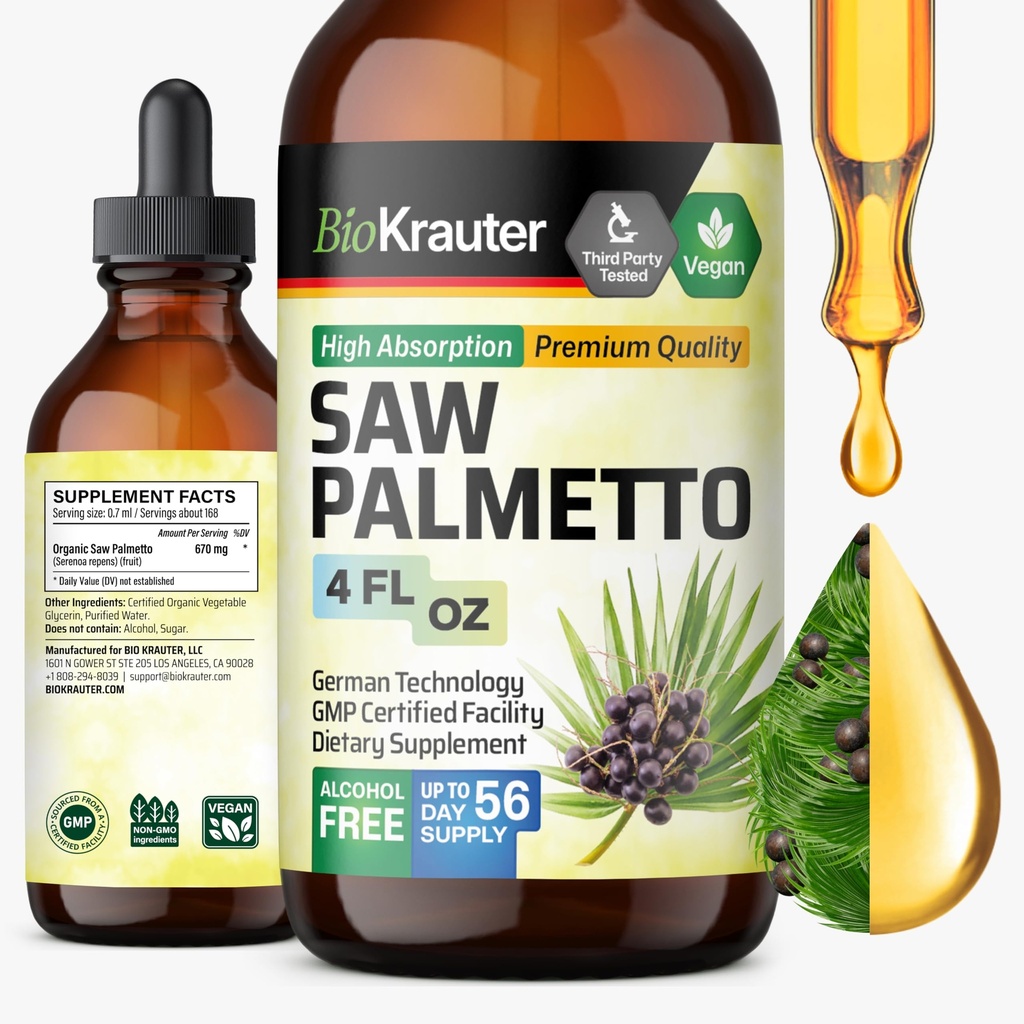 BIO KRAUTER Saw Palmetto Extract - Vegan Saw Palmetto za moške in ženske - Podpora v urinu - Alkohol in sladkor brez - 4 Fl.Oz.