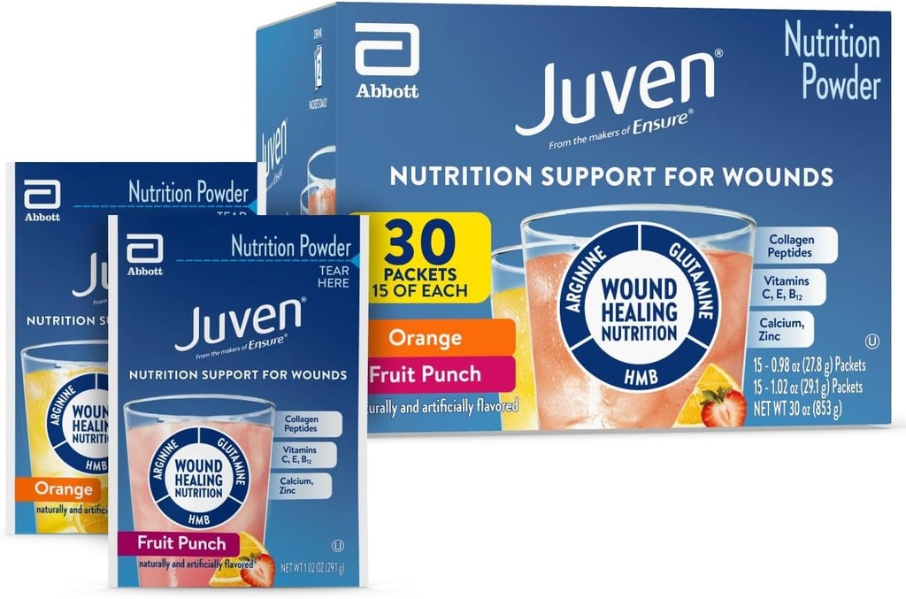 Juven Terapetic Nutrition Drink v prahu, vključno s kolagen peptidi, aminokislinami in HMB za podporo zdravljenju ran, Variety Pack: Orange & Fruit Punch, 30 paketov