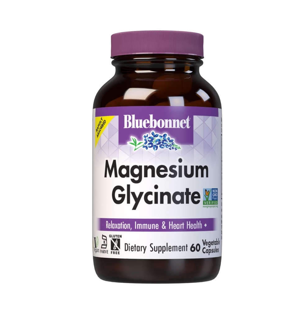 Bluebonnet Magnezijev glicinat, proizvodnja energije*, funkcija encima*, ne-GMO Certified by NSF, Vegan, Košir Certified, Gluten-free, Soy-free, Dairy-free, 60 Zelenjavnih kapsul, 15 Servinges