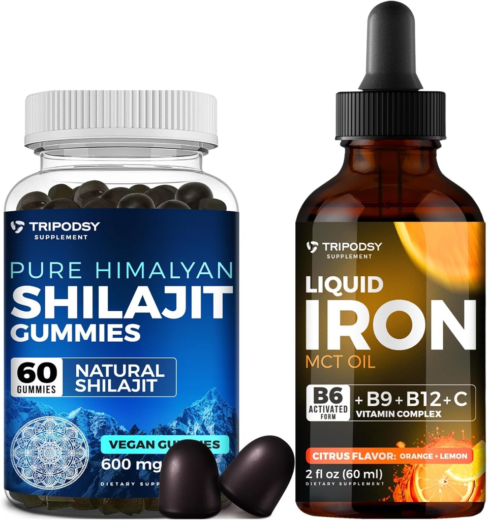 Ultimate Health Bundle: Liquid Iron Supplement & Pure Himalayan Organic Shilajit Gummies za ženske in moške - Non-GMO, Vegan, naravna energija in imunske podpore - 60 Gummies & 30 Servings