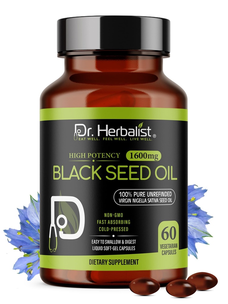 Dr. HERBALIST Black Seed Oil Capsules 1600mg - Nigella Sativa with thymoquinone (TQ) Supports Immune & Respiratory Wellness & Daily Antioxidant Support* Halal 60ct
