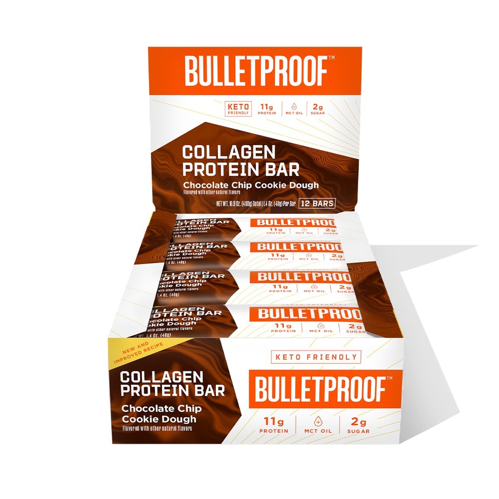 Neprebojni čokoladni Chip Cookie Dough Colagen Protein Bars, pakiranje po 12, Keto-prijateljski prigrizek z MCT oljem, kolagen, brez dodanega sladkorja