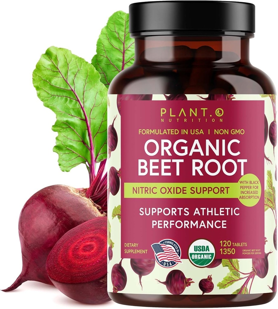 USDA Plant.O Premium organske sladkorne pese korenske tablete [1350mg Bees Powder] s črno papriko za dodatno absorpcijo - dušikov oksid dodatek