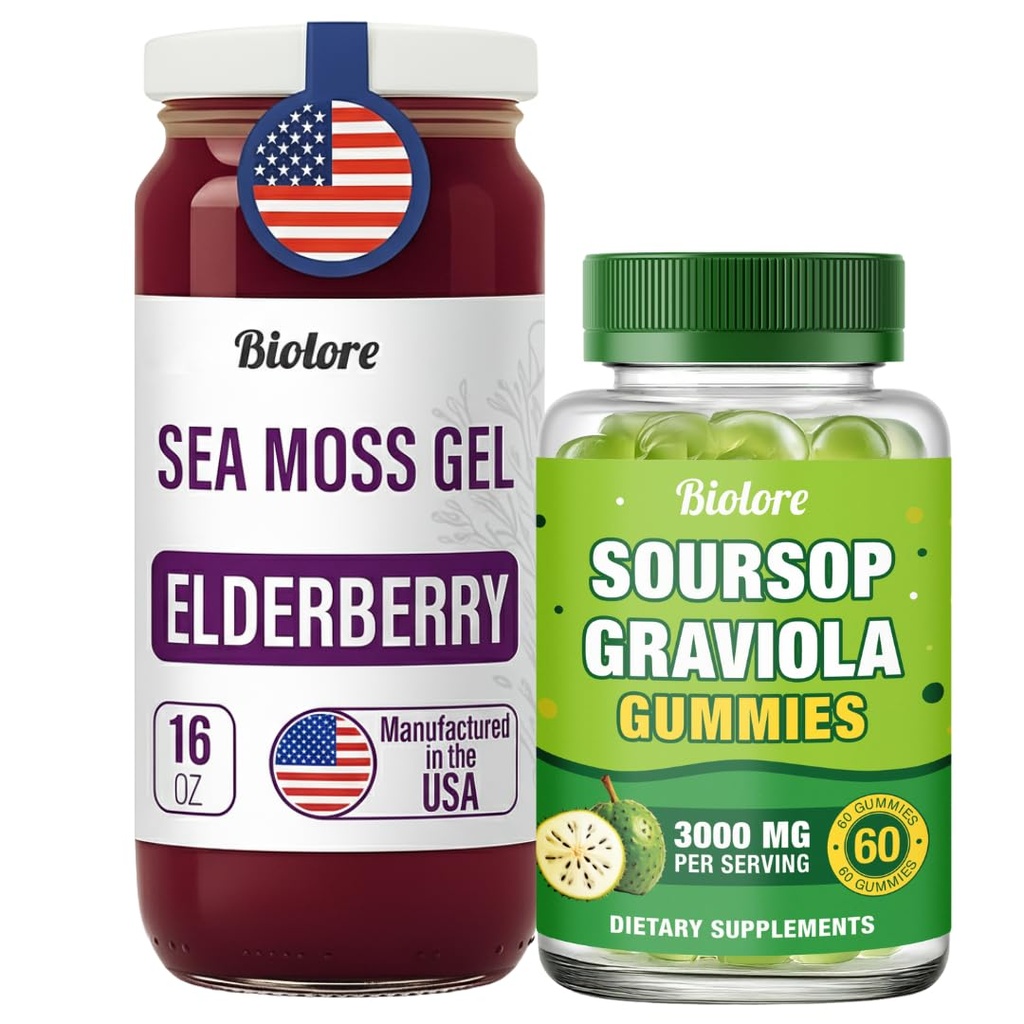 Biolore Pure Sea Moss Gel + Soursop Gummies Bundle | 16 oz Gel & 60 Gummies | Elderberry + Soursop | No Added Sugar, Gluten Free, Vegan, Made in USA