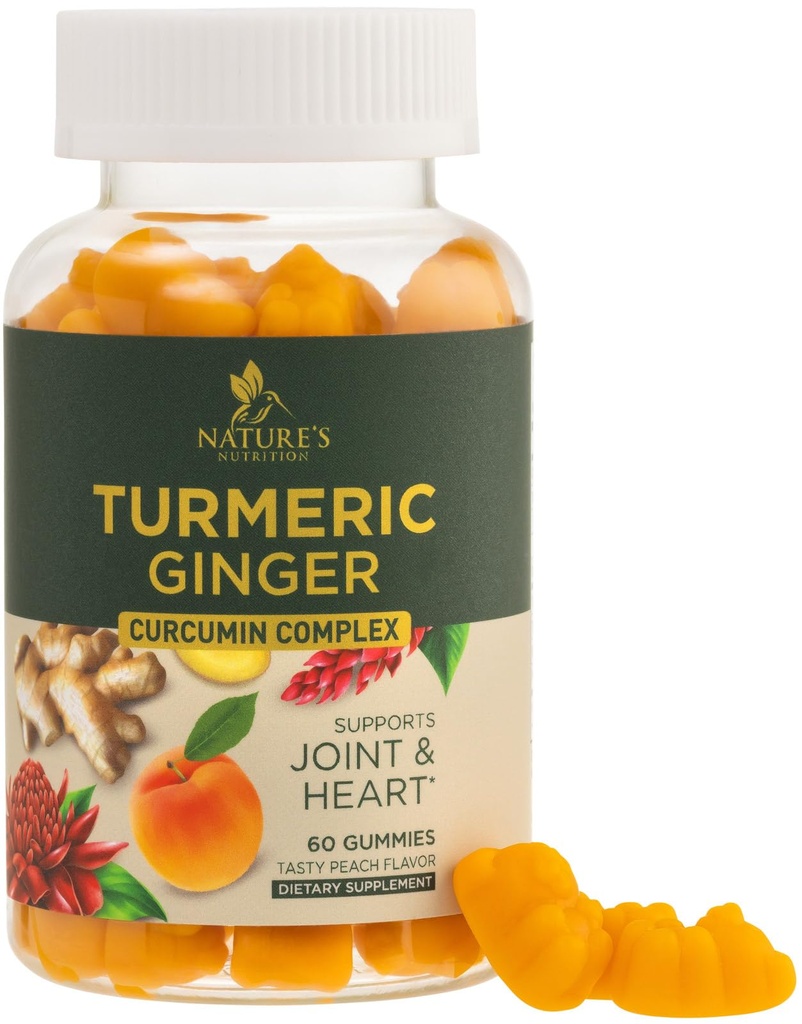 Kurkumin dodatek Gumies - 95% kurkuminoidi s kurkuminoidi in ingverjem, črna paprika za najboljšo absorpcijo, Veganska skupna podpora, Non-GMO, Gluten Free, Okusni Peach Flavor - 60 Gumies