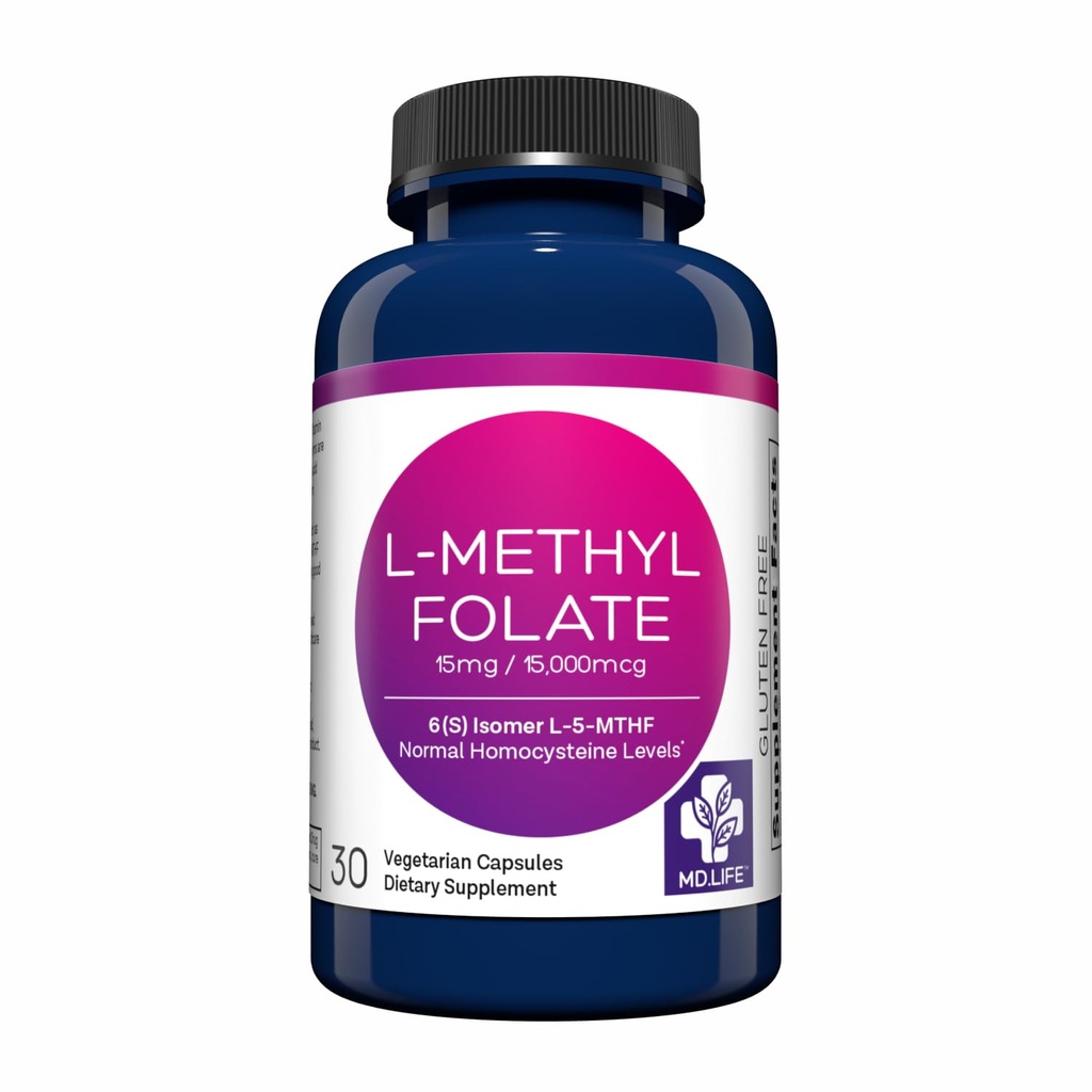MD Life L-metilfolat 15 mg dodatek - Profesionalno-stopnja Active L metilfolat dodatek - 30 kapsul - L-metilfolat 15mg - Največja jakost MTHFR W/Esencialne aminokisline