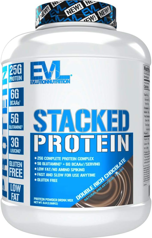 Evlution Nutrition Stacked Protein Powder -Podpora mišična rast, moč in regeneracija - 25g proteinov, 6g BCAA, 5 gramov glutamina + 3 grame Leucin na postrežbo - brez glutena -5lb -Dvojna bogata čokolada